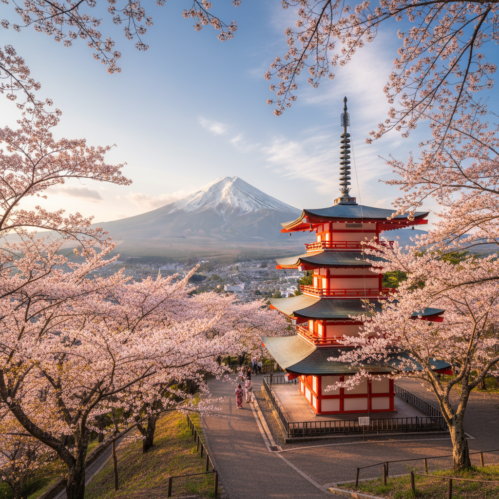봄철 벚꽃이 만개한 가운데 멀리 보이는 후지산과 붉은색 충령탑이 조화를 이루는 고해상도 풍경 사진, 따뜻한 햇살과 선명한 색감.