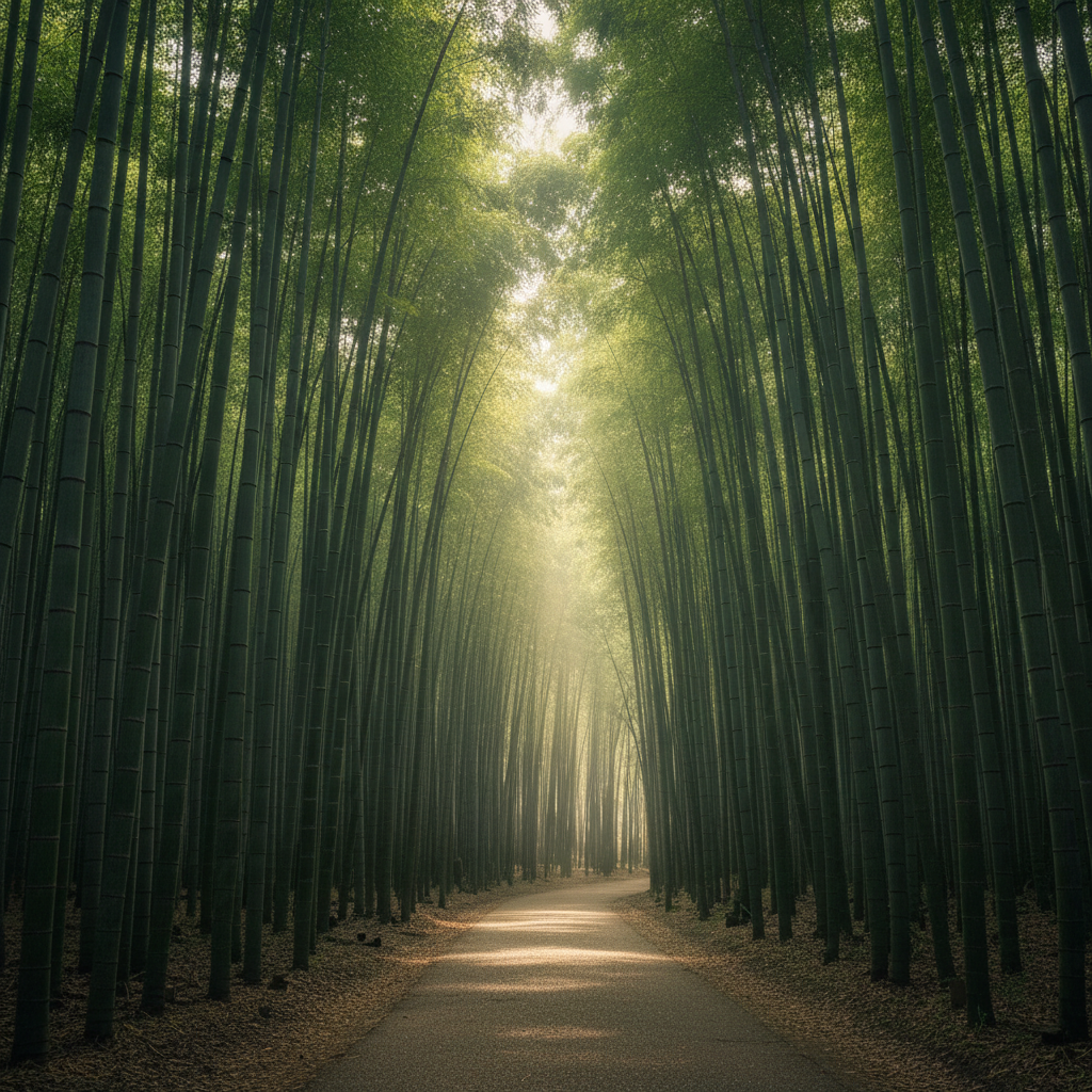 교토 아라시야마의 울창한 대나무 숲 사이로 부드러운 햇살이 내리쬐는 고요한 분위기의 자연 풍경, 깊은 녹색 톤과 정적인 미학.