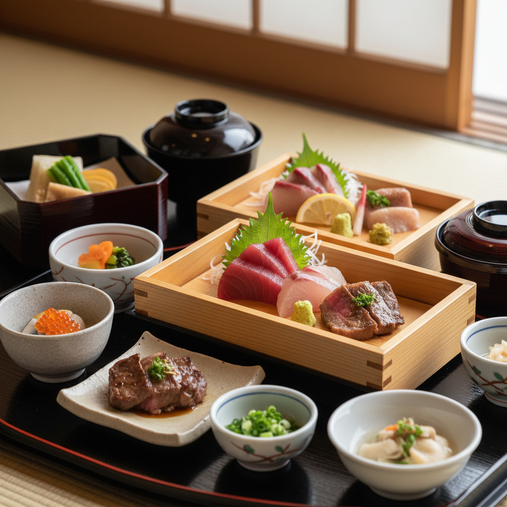 일본 전통 여관인 료칸에서 정갈하게 차려진 가이세키 요리의 근접 촬영, 나무 식기와 화려한 식재료의 질감이 강조된 고품격 미식 사진.