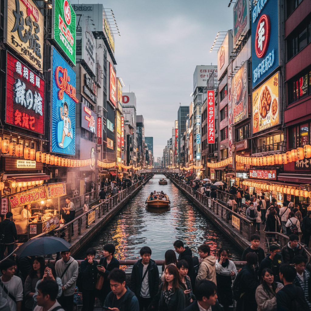 오사카 도톤보리 운하를 따라 펼쳐진 화려한 간판들과 활기찬 거리의 모습, 풍부한 색감과 생동감이 느껴지는 여행 스냅 사진.