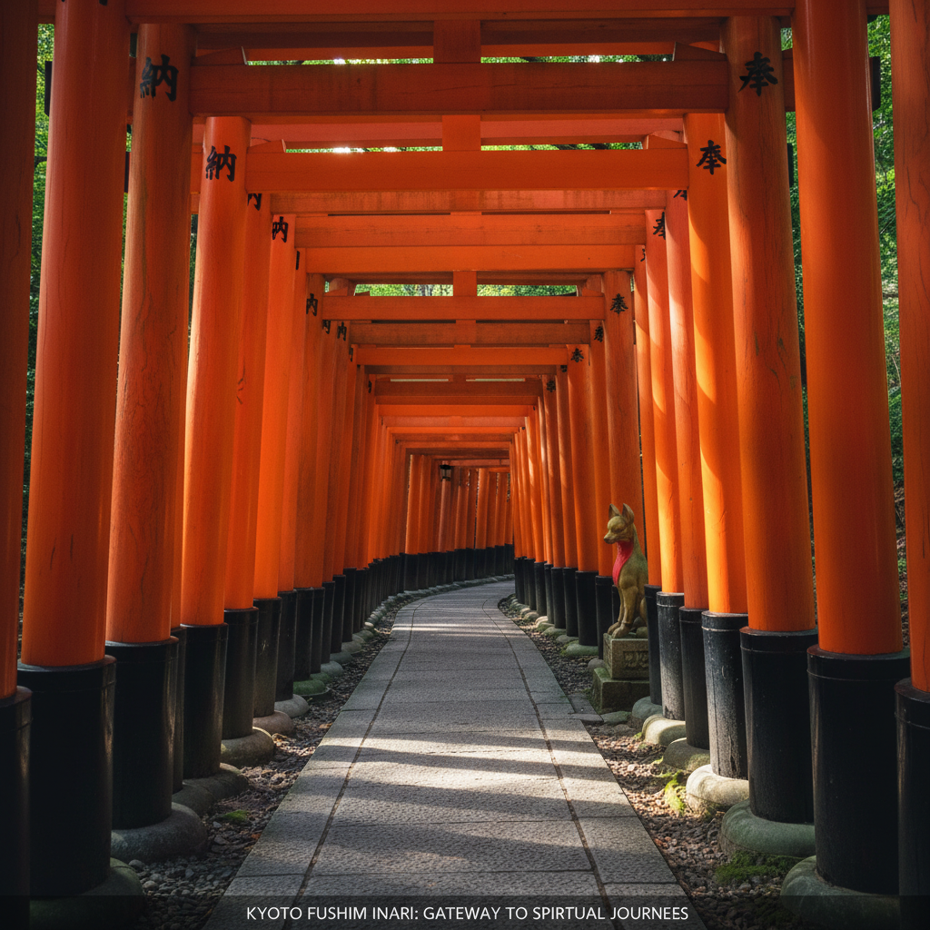 교토 후시미 이나리 신사의 끝없이 이어진 붉은 도리이 터널과 그 사이로 스며드는 빛의 대비, 신비롭고 강렬한 색채의 조화.